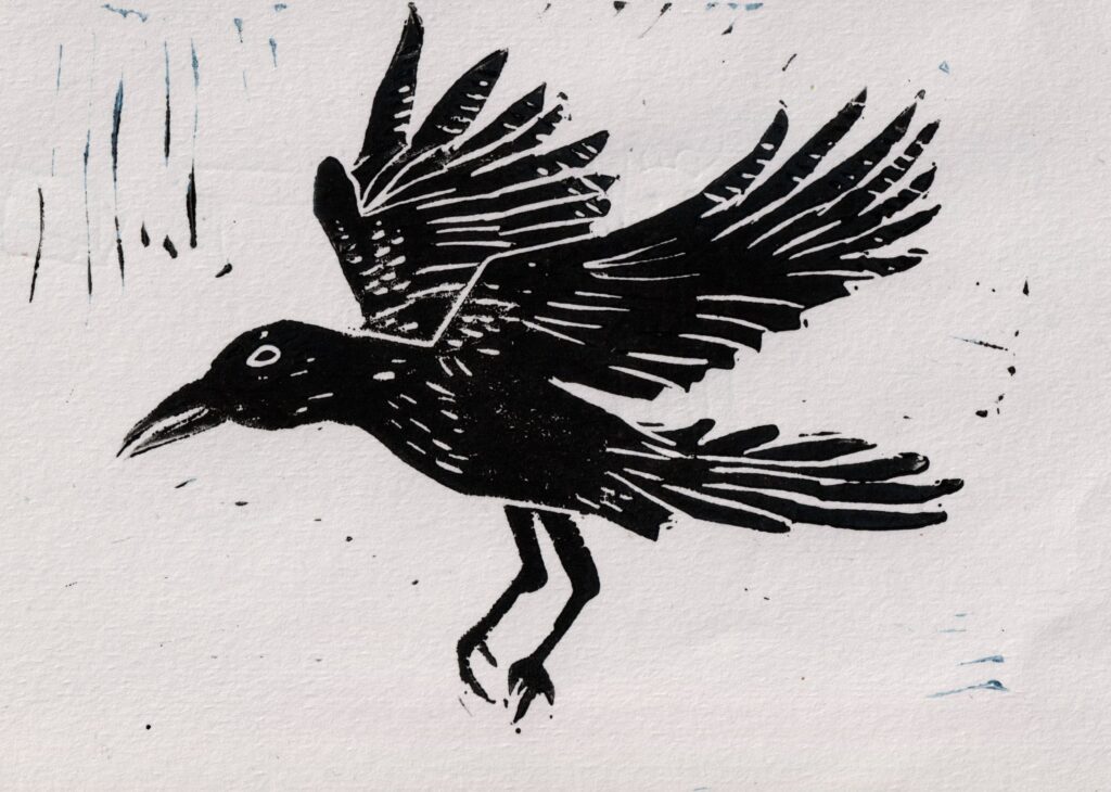 Raven Flying lino cut print