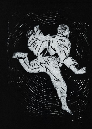 Uchi mata a judo throw lino cut print in white ink on black paper