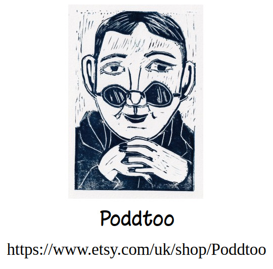 Poddtoo logo. Man with sunglasses linocut print